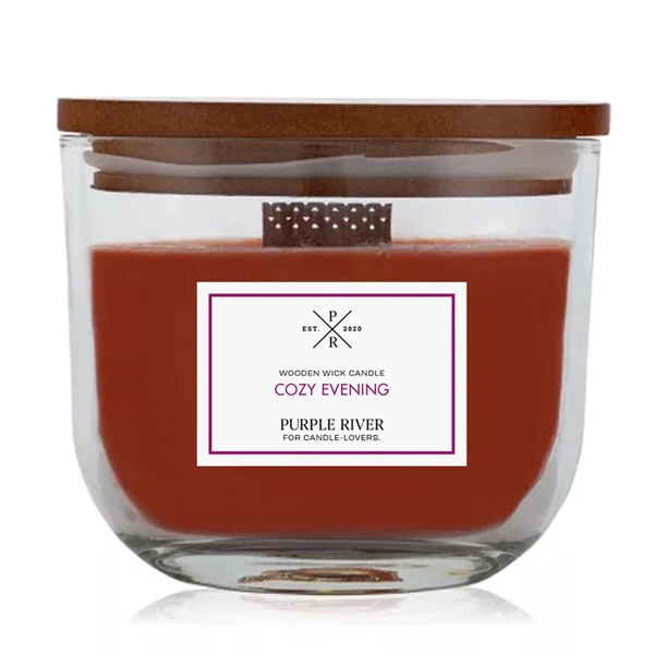 Candela profumata in vetro con stoppino in legno melograno rosa Cozy Evening 370 g Purple River
