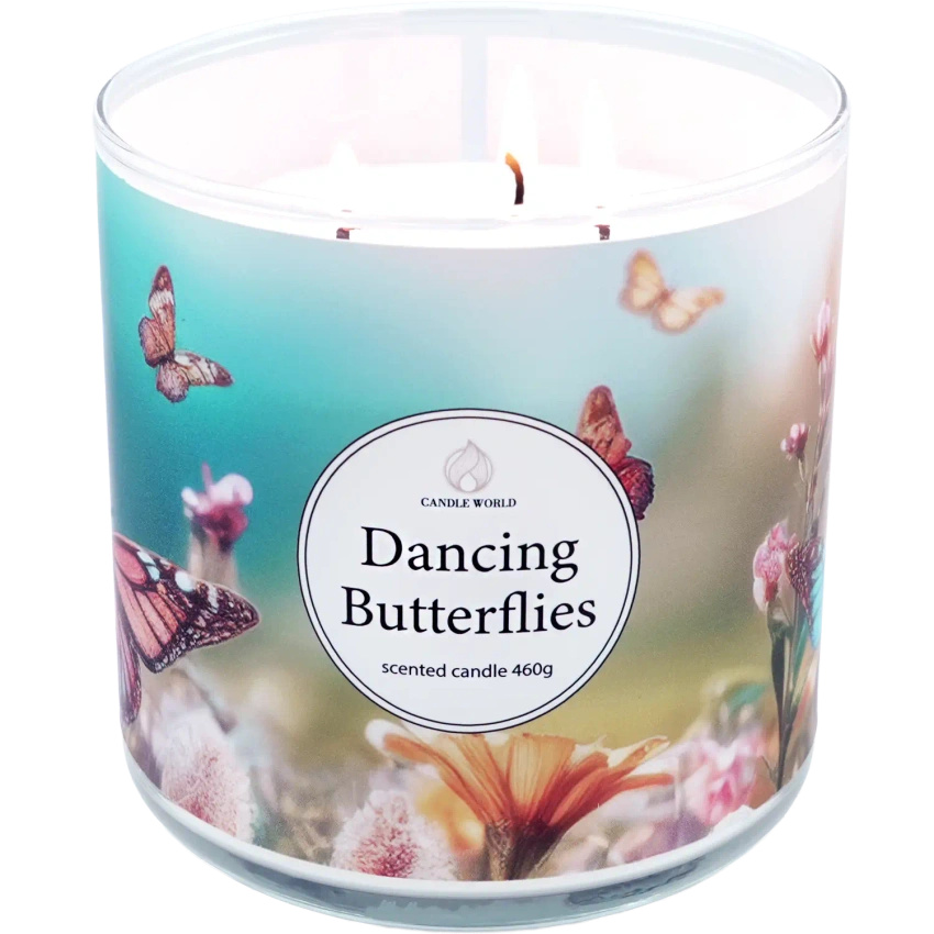 Candle World candela profumata di soia 3 stoppini Dancing Butterflies 460 g Gelsomino Pesca