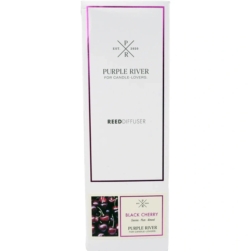Diffusori a bastoncini in bottiglia di vetro confezionata in una scatola ciliegia Black Cherry Purple River 100 ml