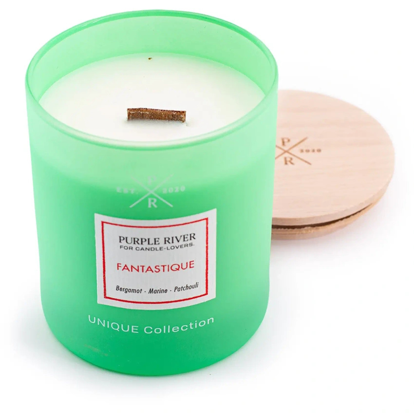 Bougie cadeau parfumée de soja avec mèche en bois rose patchouli Fantastique Purple River 220 g