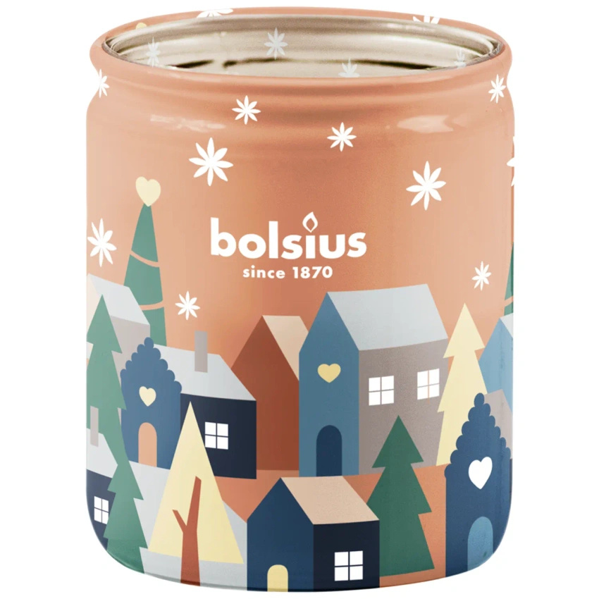Bolsius christmas scented candle in 82/68 mm glass with Christmas theme True Glow - Silent Night