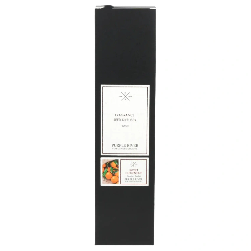 Bâtonnets parfumés dans une bouteille en verre emballés dans une boîte agrumes Sweet Clementine Purple River 200 ml