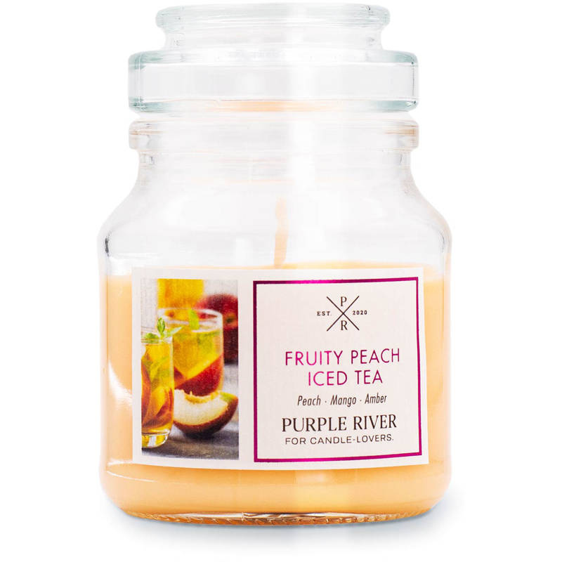 Bougie parfumée de soja en verre thé à la pêche Fruity Peach Iced Tea Purple River 113 g
