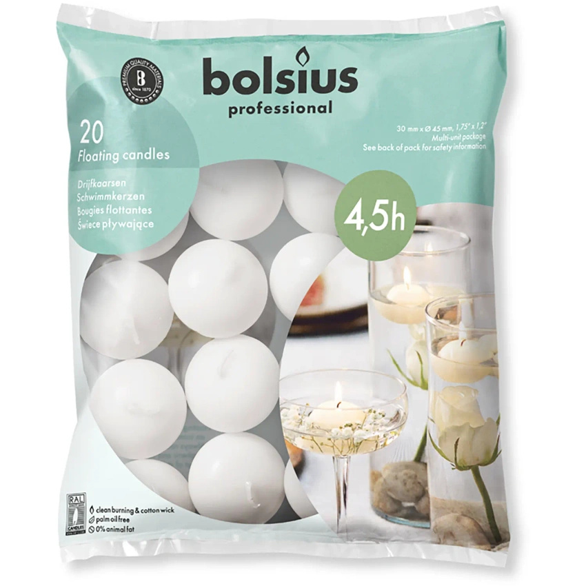 Bolsius Floating Candles świece pływające na wodę 30/45 mm 20 szt - Białe