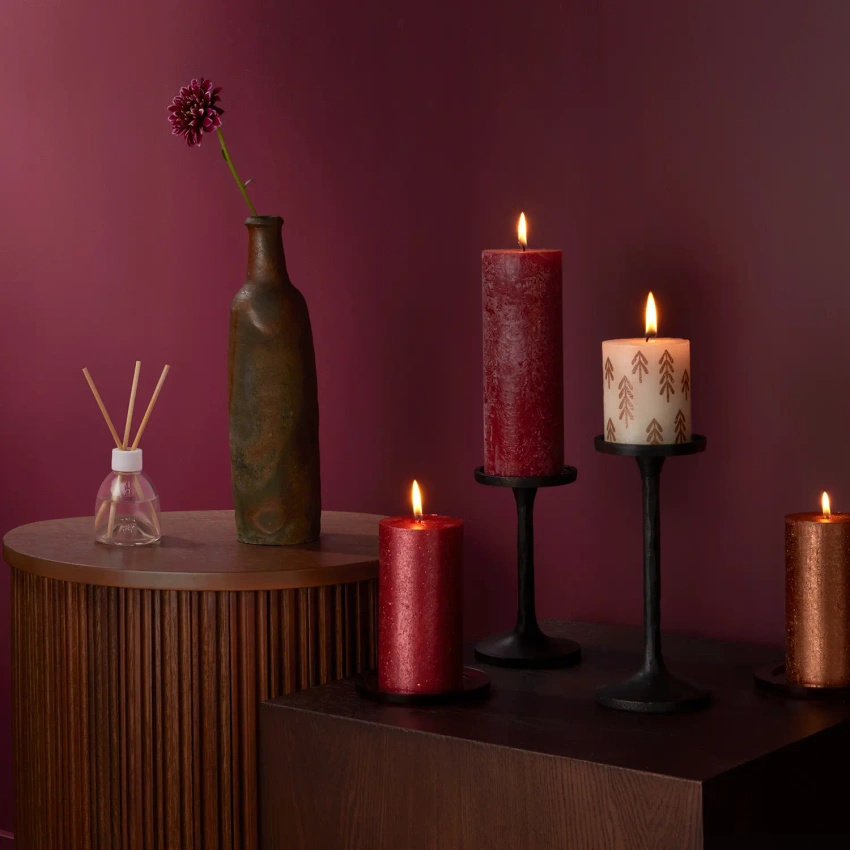 Bolsius Rustic Shimmer trunk solid candle rustic metallized unscented 13 cm 130/68 mm - Red Red
