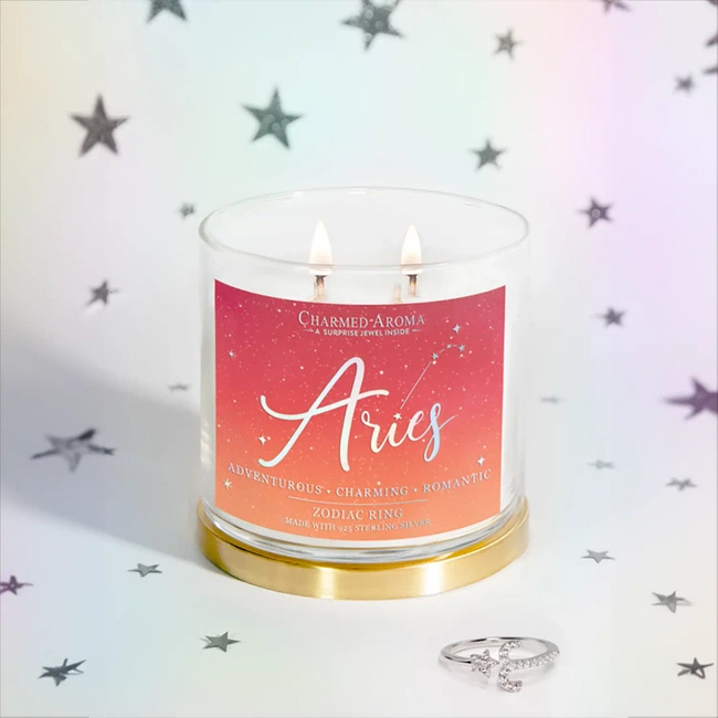 Bougie parfumée au soja Charmed Aroma bijou avec anneau en argent 12 oz 340 g - Signe du zodiaque Bélier