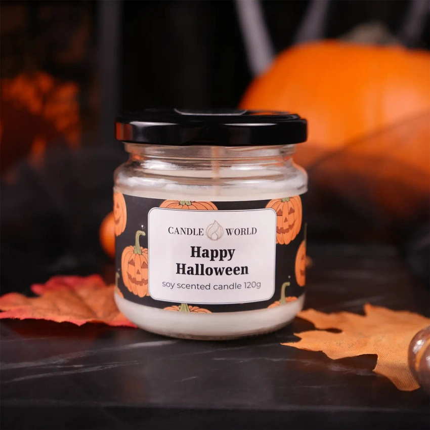 Candle World candela di soia profumata barattolo Happy Halloween 120 g Zucca