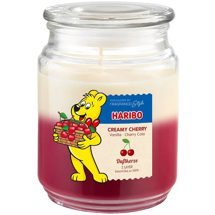 Haribo vonná svíčka ve skle 2v1 - Třešně Vanilka Creamy Cherry