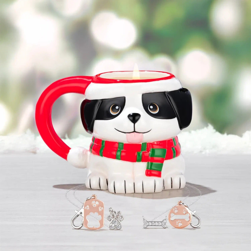 Świeca z biżuterią na prezent Naszyjnik świąteczny piesek Holiday Dog Mug Charmed Aroma 297 g
