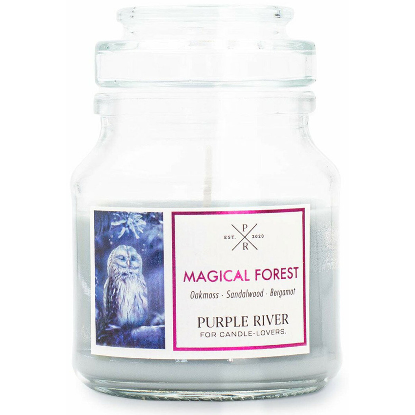 Bougie parfumée de soja en verre santal bergamote Magical Forest Purple River 113 g