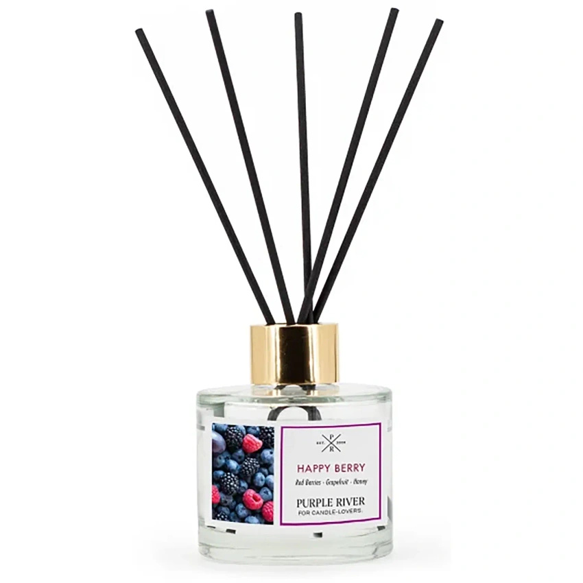 Diffusori a bastoncini in bottiglia di vetro confezionata in una scatola Happy Berry Purple River 100 ml