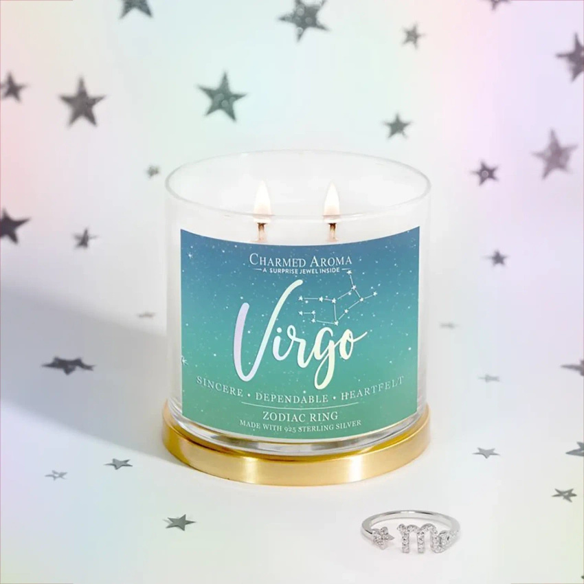 Charmed Aroma jewel soy scented candle with Silver Ring 12 oz 340 g - Virgo Zodiac Sign