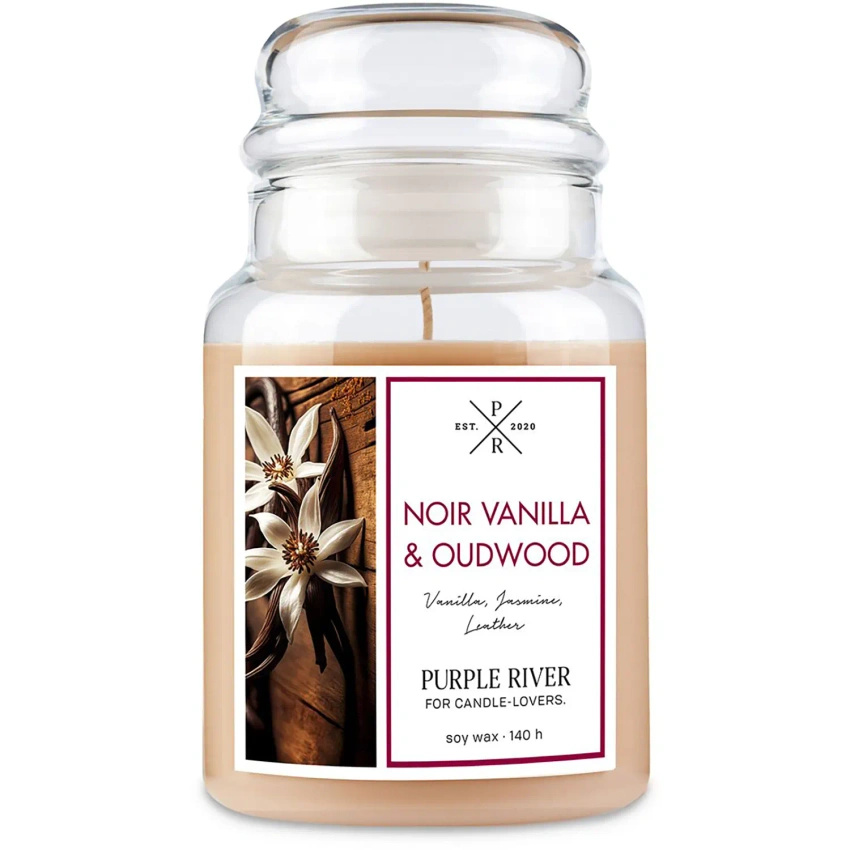 Grande bougie parfumée au soja dans un verre vanille orientale Noir Vanilla Oudwood Purple River 623 g