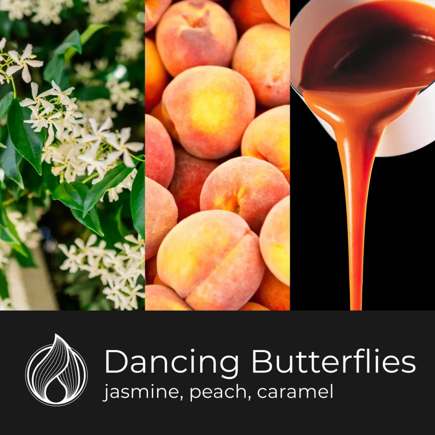 Candle World candela profumata di soia 3 stoppini Dancing Butterflies 460 g Gelsomino Pesca