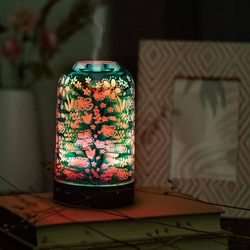 Srebrny szklany dyfuzor zapachowy ultradźwiękowy do aromaterapii gwiazdki kolorowe oświetlenie LED 3D 24 cm Aroma Dream Stars
