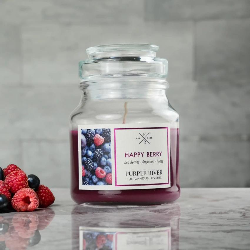 Sojowa świeca zapachowa w szkle jagody maliny miód Happy Berry Purple River 113 g
