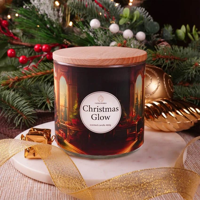 Candle World vánoční vonná svíčka sójová 3 knoty Christmas Glow 460 g