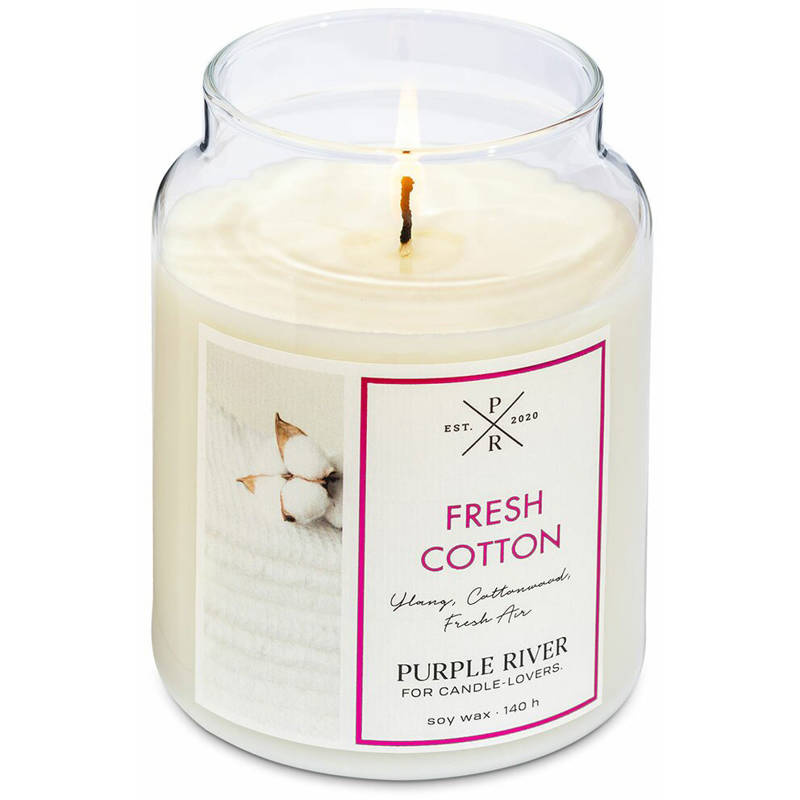 Grande bougie de soja parfumée en verre coton frais Fresh Cotton Purple River 623 g
