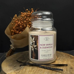 Candela profumata di soia grande in vetro vaniglia orientale Noir Vanilla Oudwood Purple River 623 g