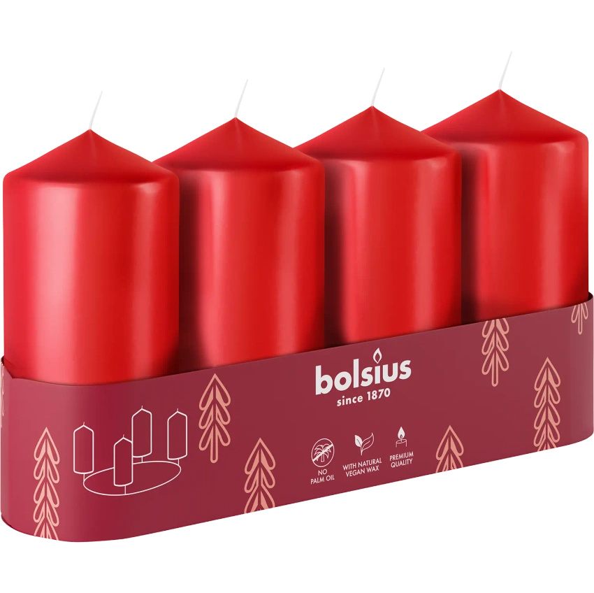 Bolsius ziegelstammkerze 4er-Set unparfümiert Adventsständer 10 cm 100/48 mm - Rot