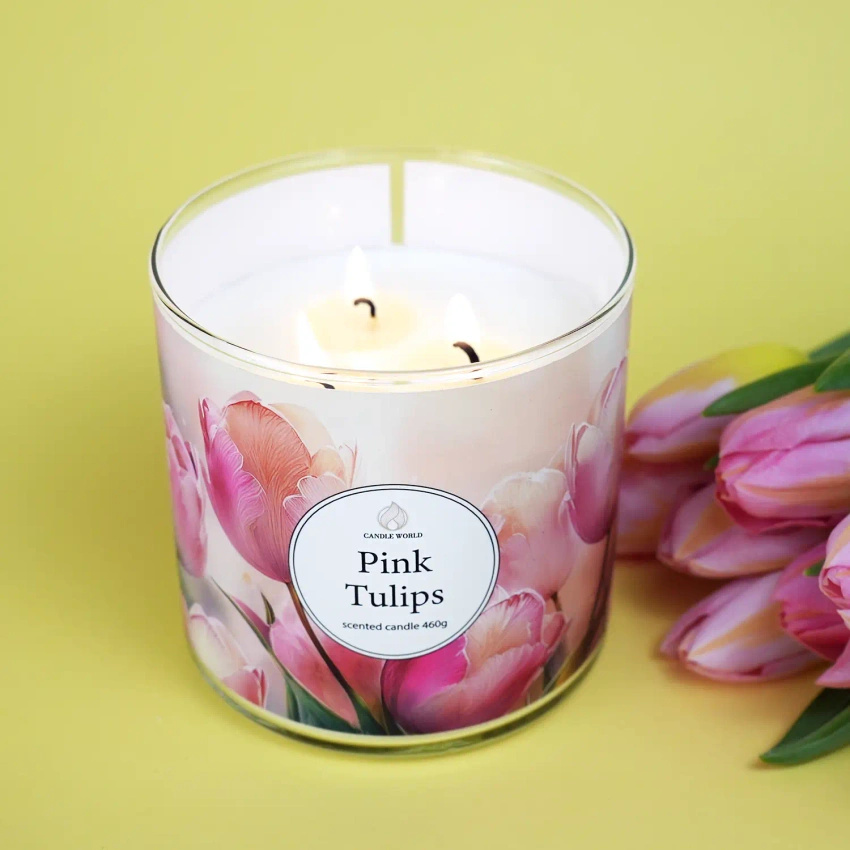 Candle World sójová svíčka s květinovou vůní 3 knoty Pink Tulips 460 g
