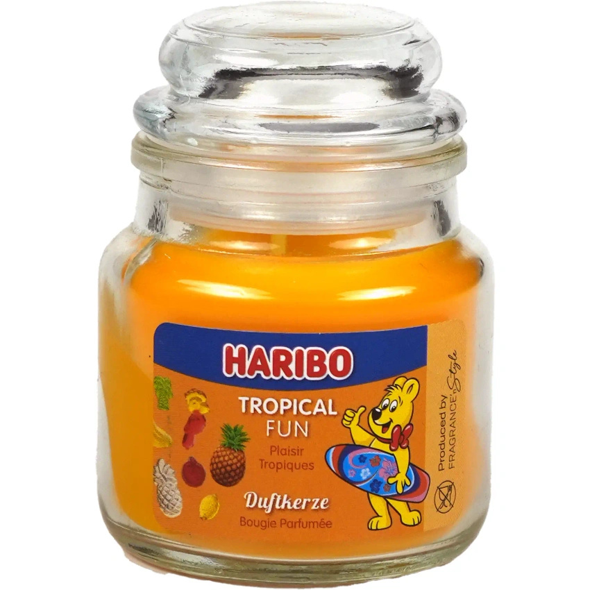 Haribo piccola candela profumata in vetro Tropical Fun caramelle gommose ai frutti tropicali 85 g
