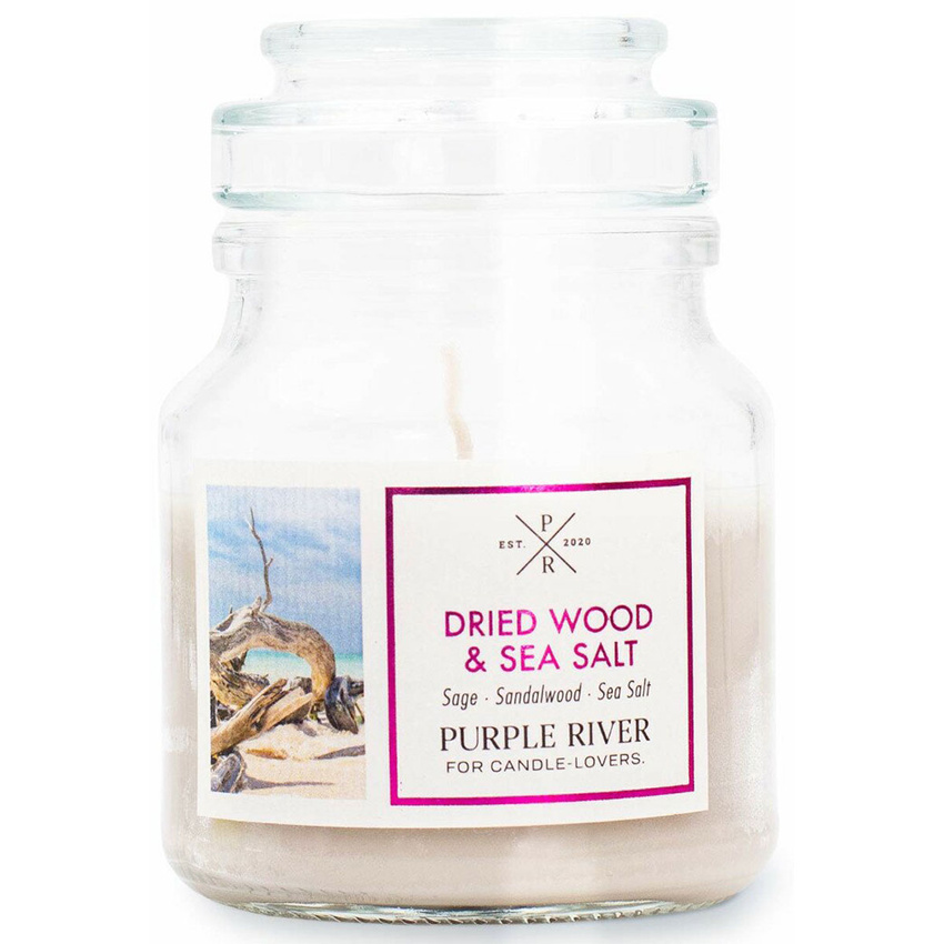 Bougie parfumée de soja en verre santal sel de mer Dried Wood Sea Salt Purple River 113 g