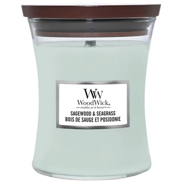 WoodWick candela profumata media con stoppino in legno al gelsomino 9,7 oz 275 g - Sagewood & Seagrass
