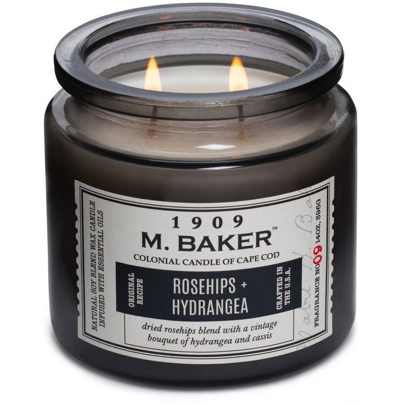 Colonial Candle M Baker grande bougie parfumée au soja pot d'apothicaire 14 oz 396 g - Rosehips Hydrangea
