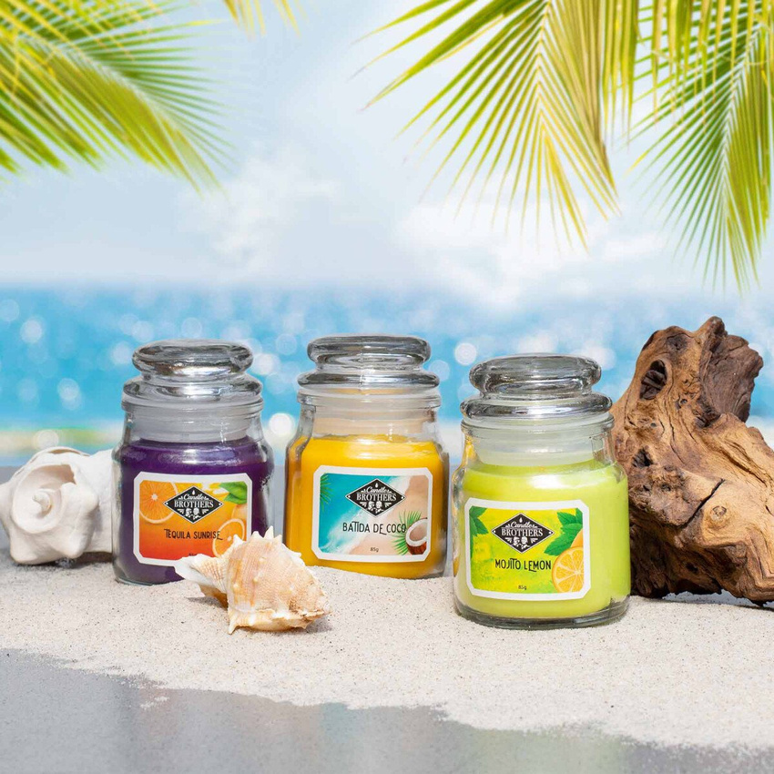 Sojowa świeca zapachowa w szkle zestaw prezentowy w pudełku Candle Brothers Beach Bar - Tropikalne Wakacje Mojito Cytrynowe Grenadyna Pomarańcza 3 x 85 g