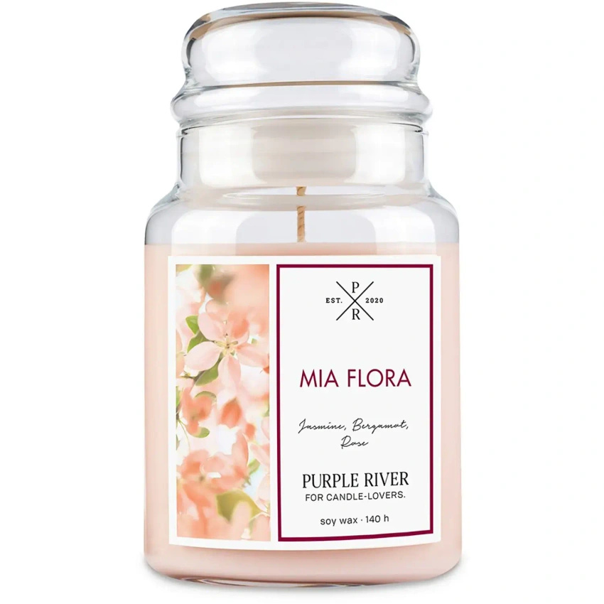Duża sojowa świeca zapachowa w szkle kwiatowa Mia Flora Purple River 623 g