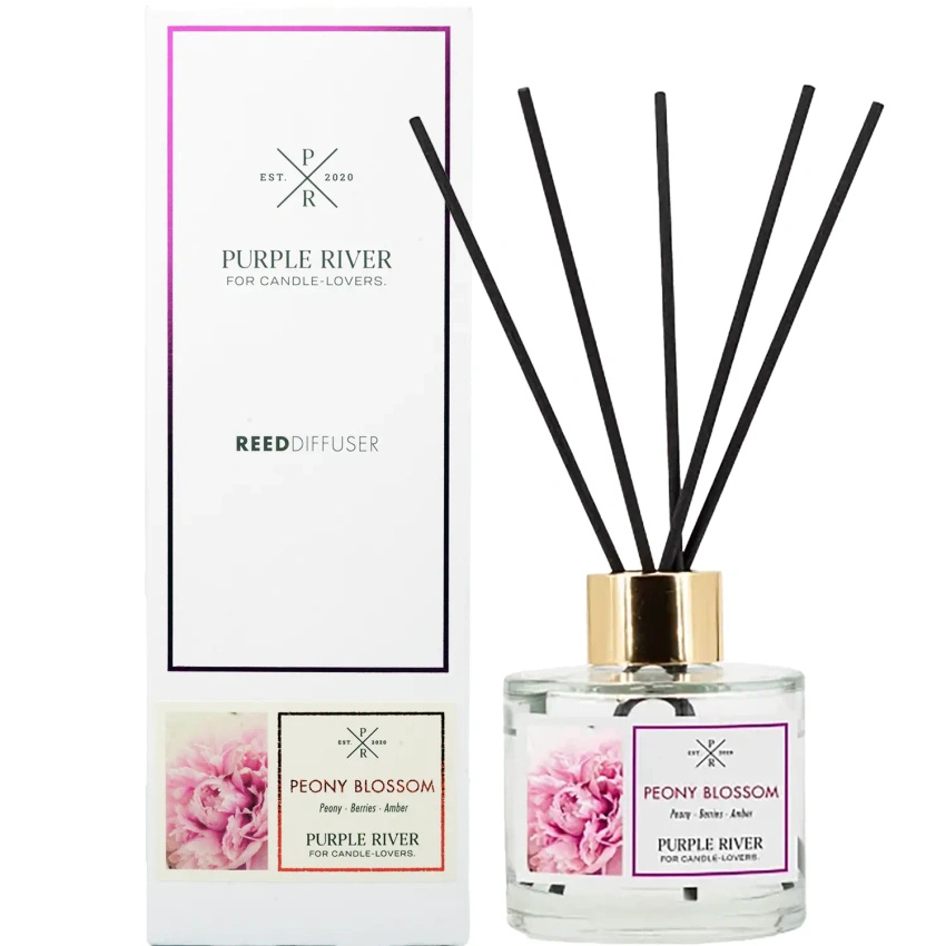 Bâtonnets parfumés dans une bouteille en verre emballés dans une boîte Peony Blossom Purple River 100 ml